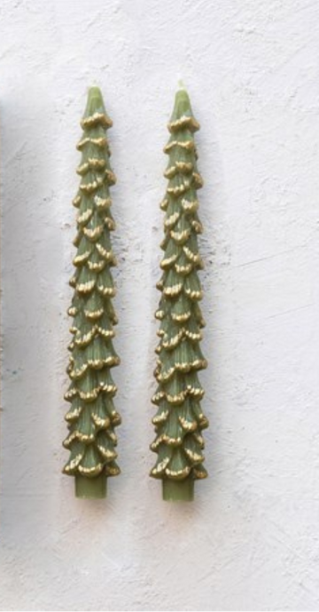 Tree Shaped Taper Candles, Evergreen w/ Gold