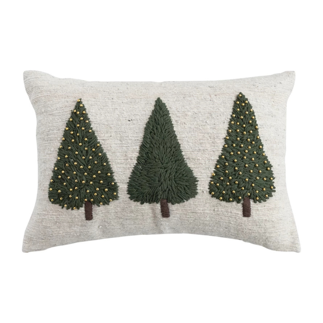 Lumbar Pillow w/ Embroidered Trees & Beads