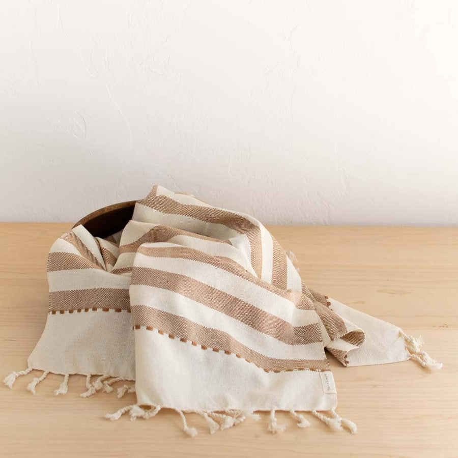 Oversized Woven Hand Towel in Tan Wide Striped
