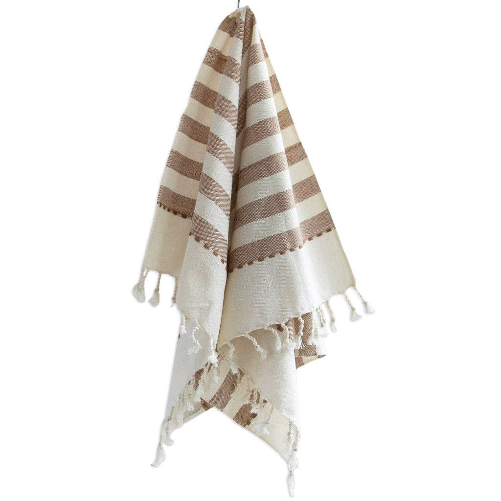 Oversized Woven Hand Towel in Tan Wide Striped